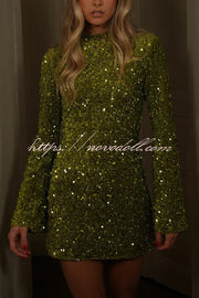Dora Velvet Sequin High Neck Long Bell Sleeve H-line Mini Dress