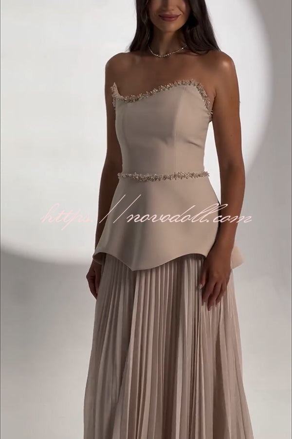 Capture The Moment Gem Trim Pleated Hem Strapless Maxi Dress