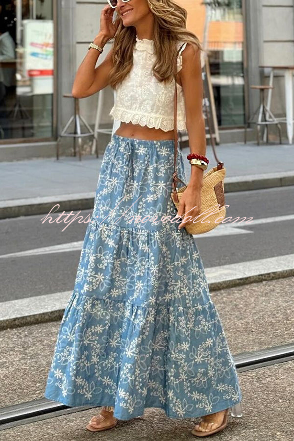 Floral Print Elastic Waist Loose Large Hem Skirt