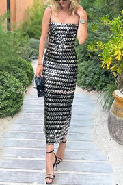 Sexy Sequined Halter-neck Backless Slim Fit Slit Midi Dress