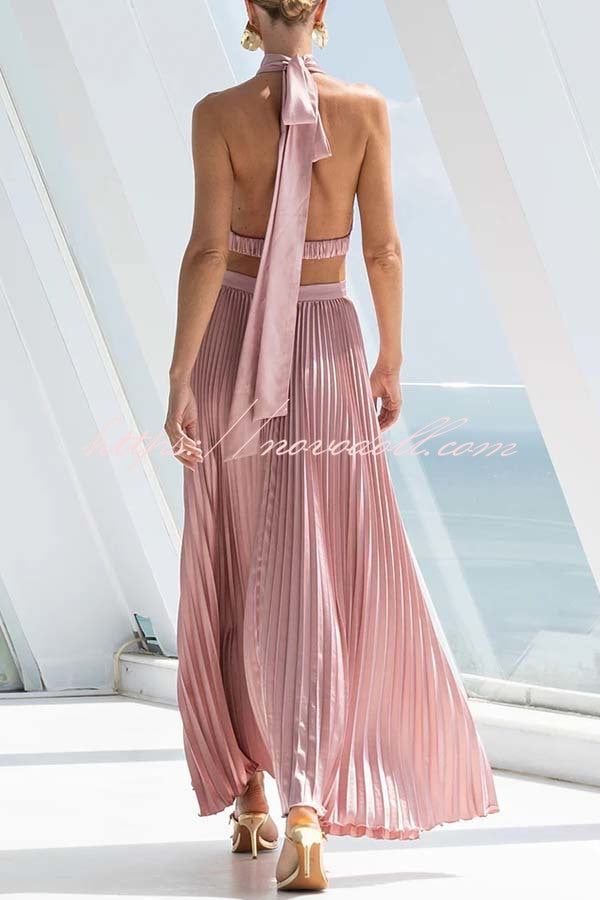 Stunning Choice Satin Pleated Halter High Neck Cutout Waist Backless Maxi Dress