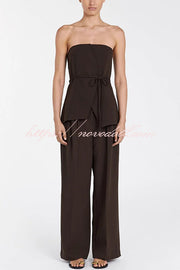 Retro Style Lace-up Tube Top and Casual Pocket Straight Pants Set