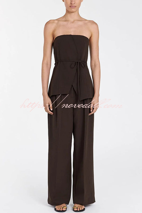 Retro Style Lace-up Tube Top and Casual Pocket Straight Pants Set