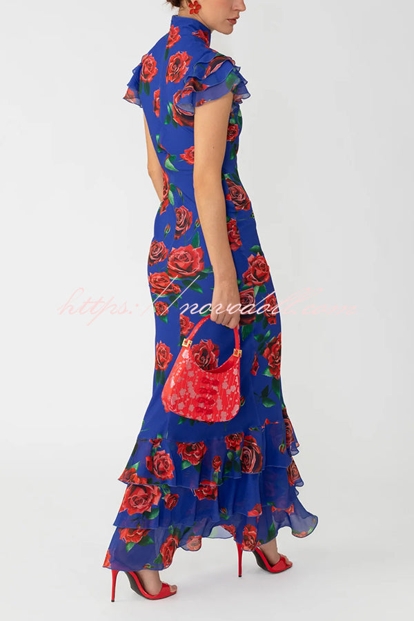 Cheongsam Style Rose Print Layered Trumpet Sleeves Stand Collar Maxi Dress