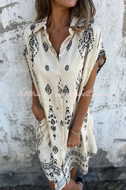 Linen Blend Unique Print Lapel Casual Pocket Mini Dress
