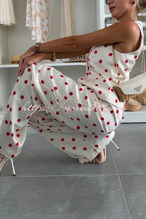 Koreen Polka Dot Round Neck Button Vest and High Rise Pocket Straight Pants Set