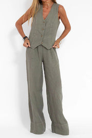 Eddie Linen Blend Button Vest and Elastic Waist Pocketed Wide Leg Pants Set