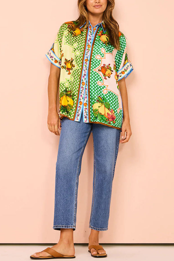 Enjoy Summer Lemon Satin Unique Print Button Down Oversized Blouse