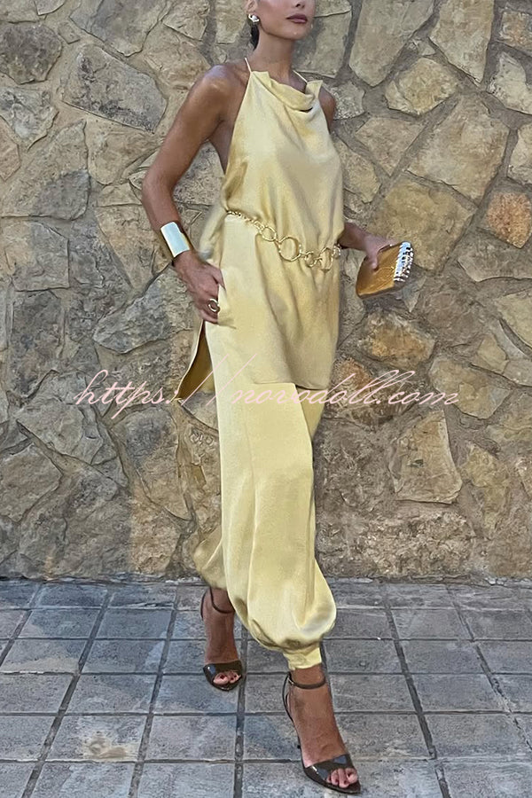 Satin Solid Color Loose Backless Casual Top