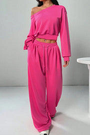 Solid Color Loose Long-sleeved Short Top and Elastic Waist Casual Pocket Wide-leg Pants Set