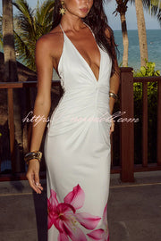 Floral Print Sexy Halterneck Open Back Pleated Slim Maxi Dress