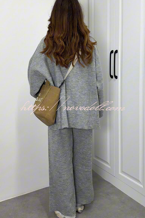 Solid Color Loose Long-sleeved Knit Top and Elastic Waist Casual Straight Leg Pants Set