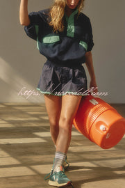 Fashion Contrast Color Stitching Stand Collar Long Sleeve Top and Elastic Waist Loose Pocket Shorts Set
