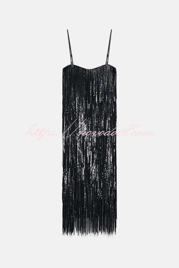 Chic Celebration Layered Sequined Tassels Slip Strapless H-line Midi Dress