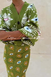 Mysterious Magic Knit Eye Heart Pattern Button Up Long Sleeve Loose Cardigan