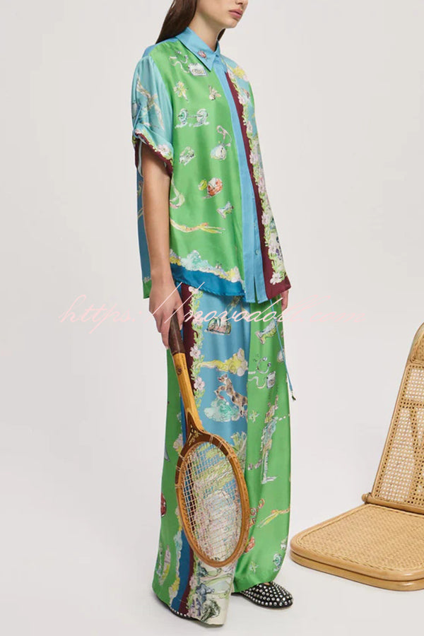 Unique Printed Lapel Short-sleeved Loose Shirt and Elastic Waist Tie Wide-leg Pants Set