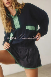 Fashion Contrast Color Stitching Stand Collar Long Sleeve Top and Elastic Waist Loose Pocket Shorts Set