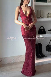 Festival Shines Sequin Beaded Mesh Bow Cutout Detail Slit Maxi Dress