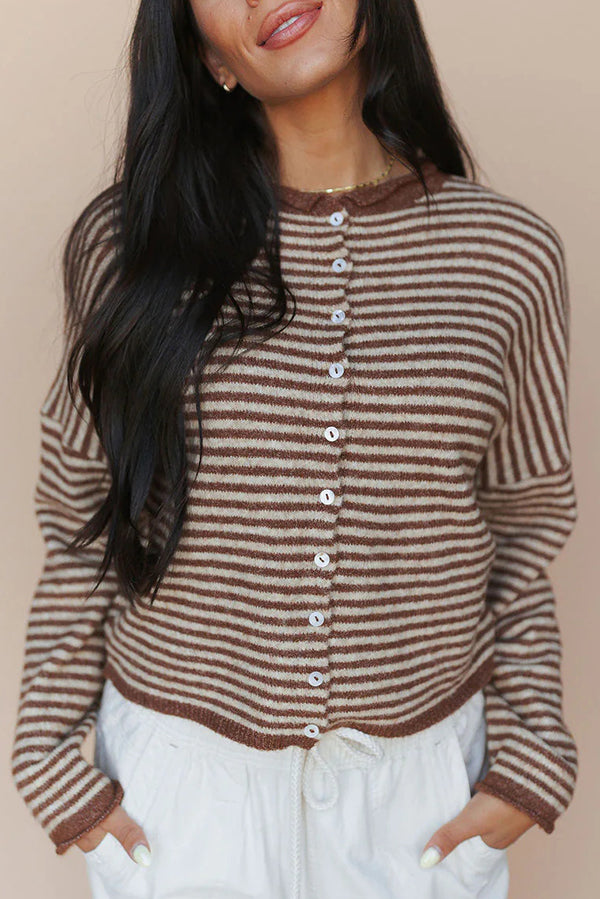 Fashionable Contrast Striped Casual Long-sleeved Knitted Cardigan