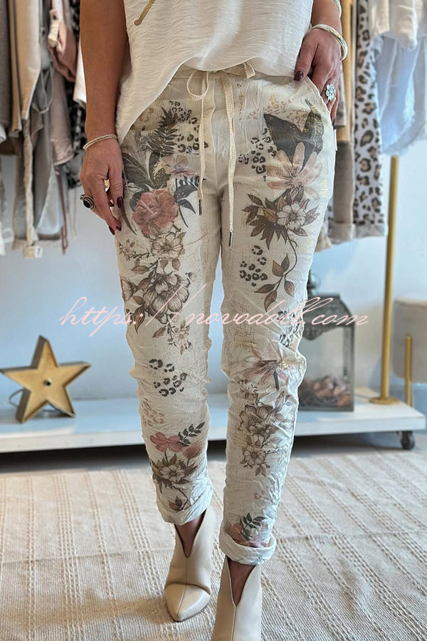 Floral Print Elastic Waist Casual Pocket Pants