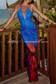 Floral Print Sexy Halterneck Open Back Pleated Slim Maxi Dress