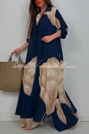 Unique Printed Casual Loose Long Shirt and Elastic Waist Pocket Wide Leg Pants Set