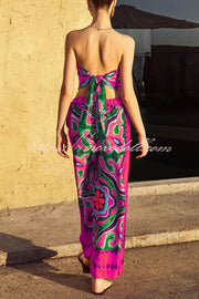 Ethnic Style Unique Print Tube Top and Elastic Waist Casual Pocket Wide Leg Pants Set