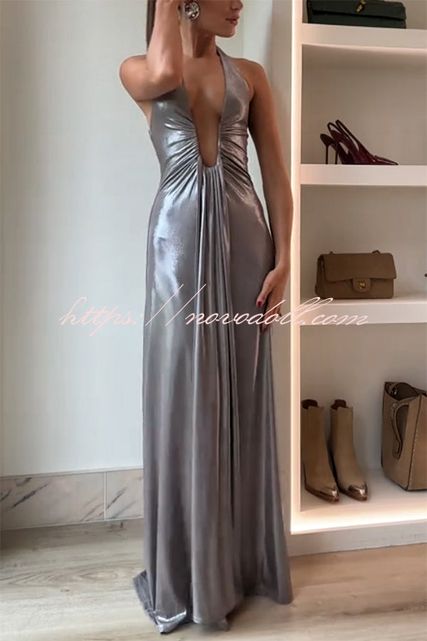 Sexy Silhouette Metallic Fabric Deep U-neck Halter Waterfall Sash Drape Maxi Dress