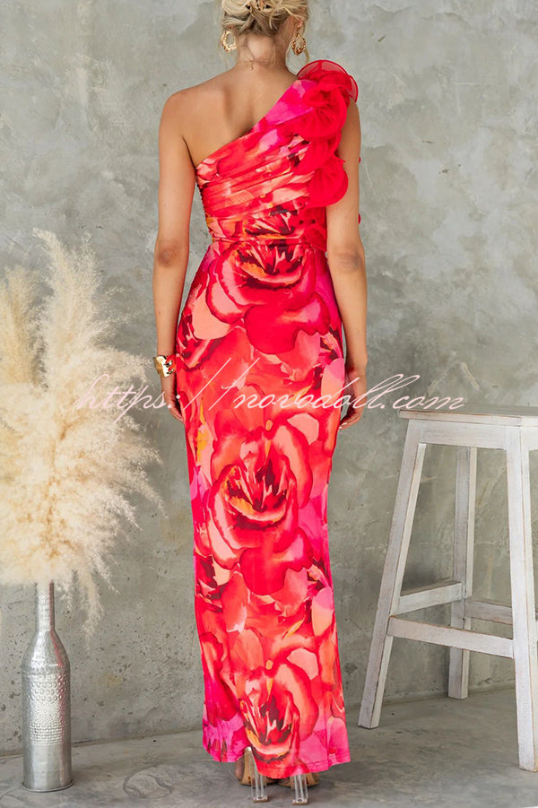 Floral Print Sleeveless 3D Flower One Shoulder Slim Maxi Dress