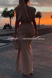 Comfortable Stylish Round Neck Sleeveless Casual Top and Elastic Waist Ruched Tie Slit Midi Skirt Set