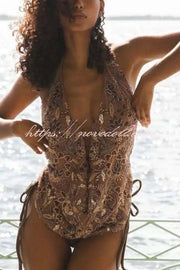 Plant Sequin Sexy Elastic Backless V-Neck Top
