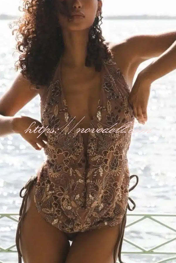 Plant Sequin Sexy Elastic Backless V-Neck Top