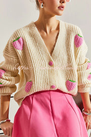 Stylish and Sweet V-neck Strawberry Embellished Knitted Cardigan