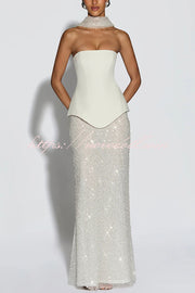 Oakley Corset Strapless Top and Sequin High Rise Maxi Skirt Scarf Set