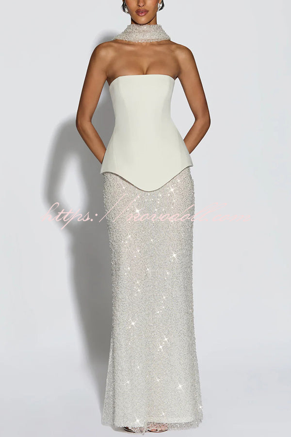 Oakley Corset Strapless Top and Sequin High Rise Maxi Skirt Scarf Set