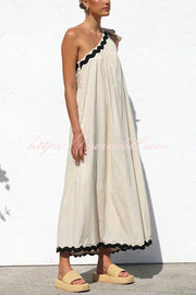 Linen Blend One Shoulder Tie Resort Maxi Dress