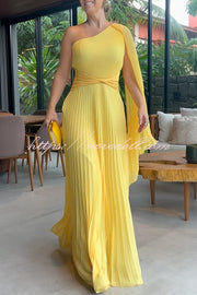 Kate Pleated One Shoulder Drape Sleeve Twist Waist Maxi Dress