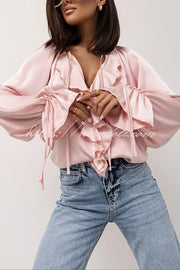 Satin Solid Color V-neck Tie Ruffle Casual Shirt