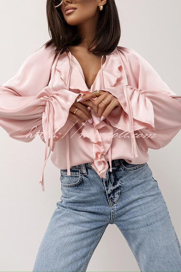 Satin Solid Color V-neck Tie Ruffle Casual Shirt