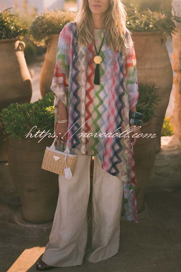 Sun Washed Knit Colorful Zigzag Pattern Asymmetric Hem Loose Cover-ups Kaftan