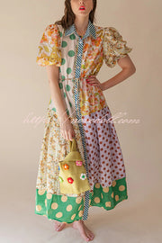 Linen Blend Unique Print Lapel Puff Sleeve Casual Midi Dress