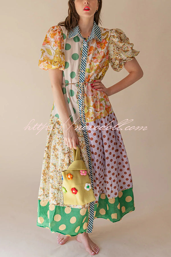 Linen Blend Unique Print Lapel Puff Sleeve Casual Midi Dress