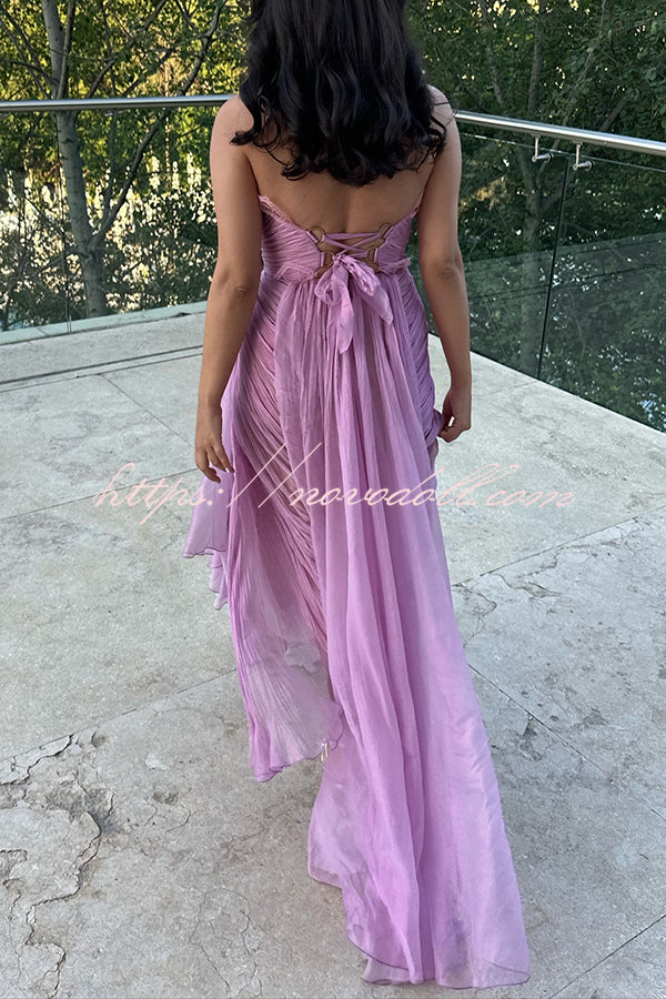 Julie Tulle Lace Trim Off Shoulder Ruched Back Lace-up Drape Slit Maxi Dress