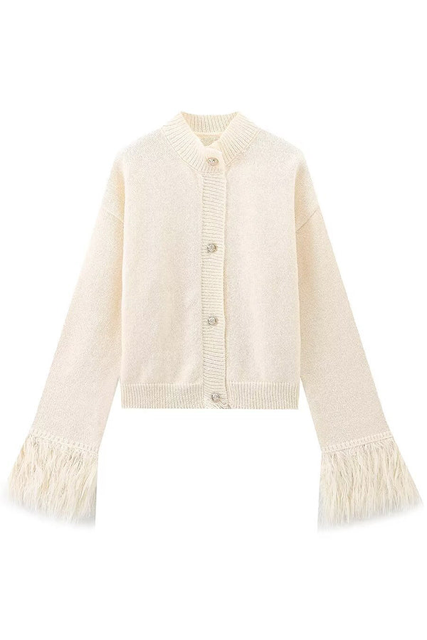 Solid Color Elegant Feather Long Sleeve Casual Knitted Cardigan