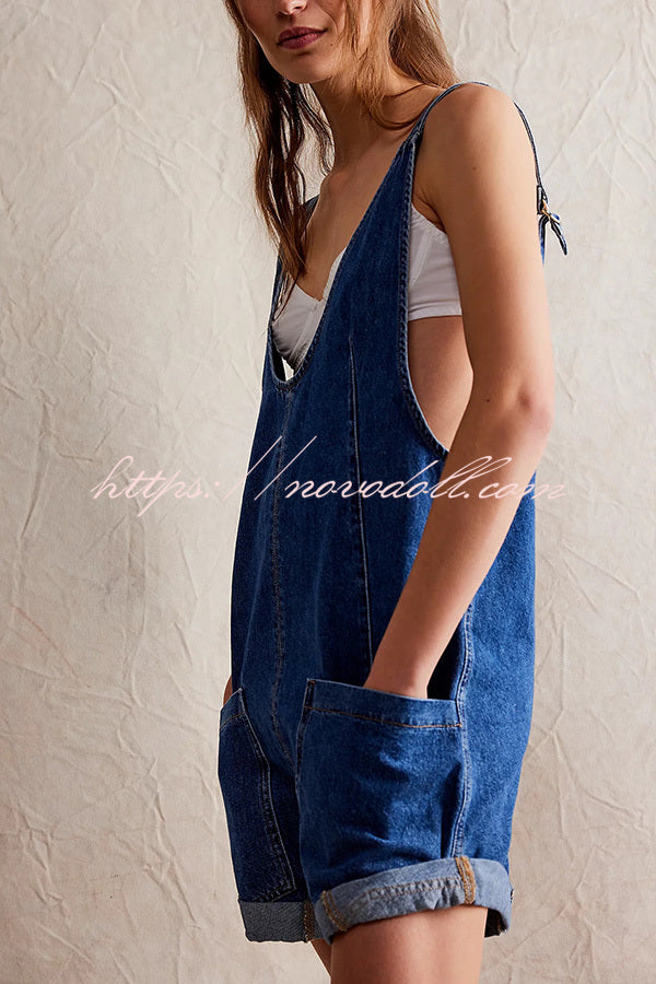 Stylish Loose Sleeveless Pocket Straps Adjustable Denim Rompers