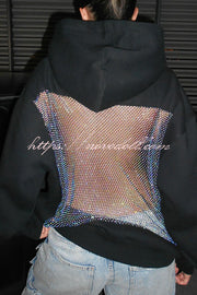 Fashionable Shiny Mesh Hollow Back Loose Long-sleeved Hooded Sweatshirt