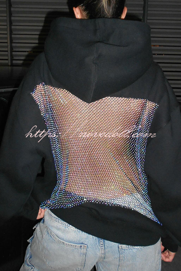 Fashionable Shiny Mesh Hollow Back Loose Long-sleeved Hooded Sweatshirt