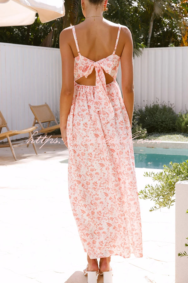Floral Print V-Neck Sleeveless Back Tie Pocket Maxi Dress