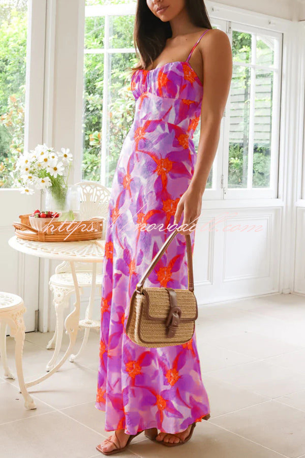 Debbie Floral Print Gathered Open Back Strappy Maxi Dress