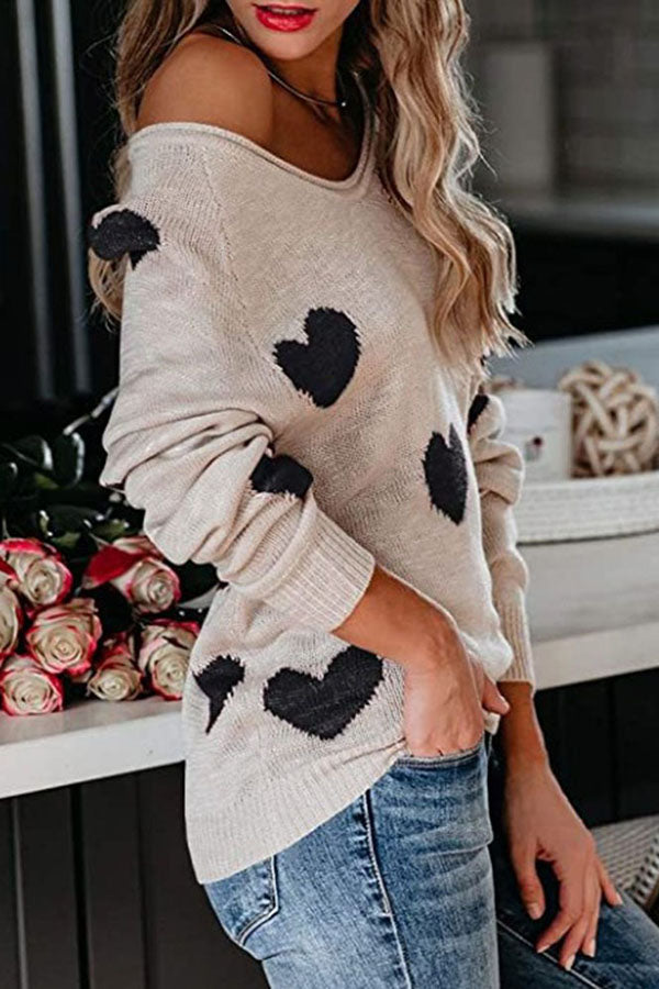 Stylish Color-blocked Heart-patterned Long-sleeved Loose Knit Sweater